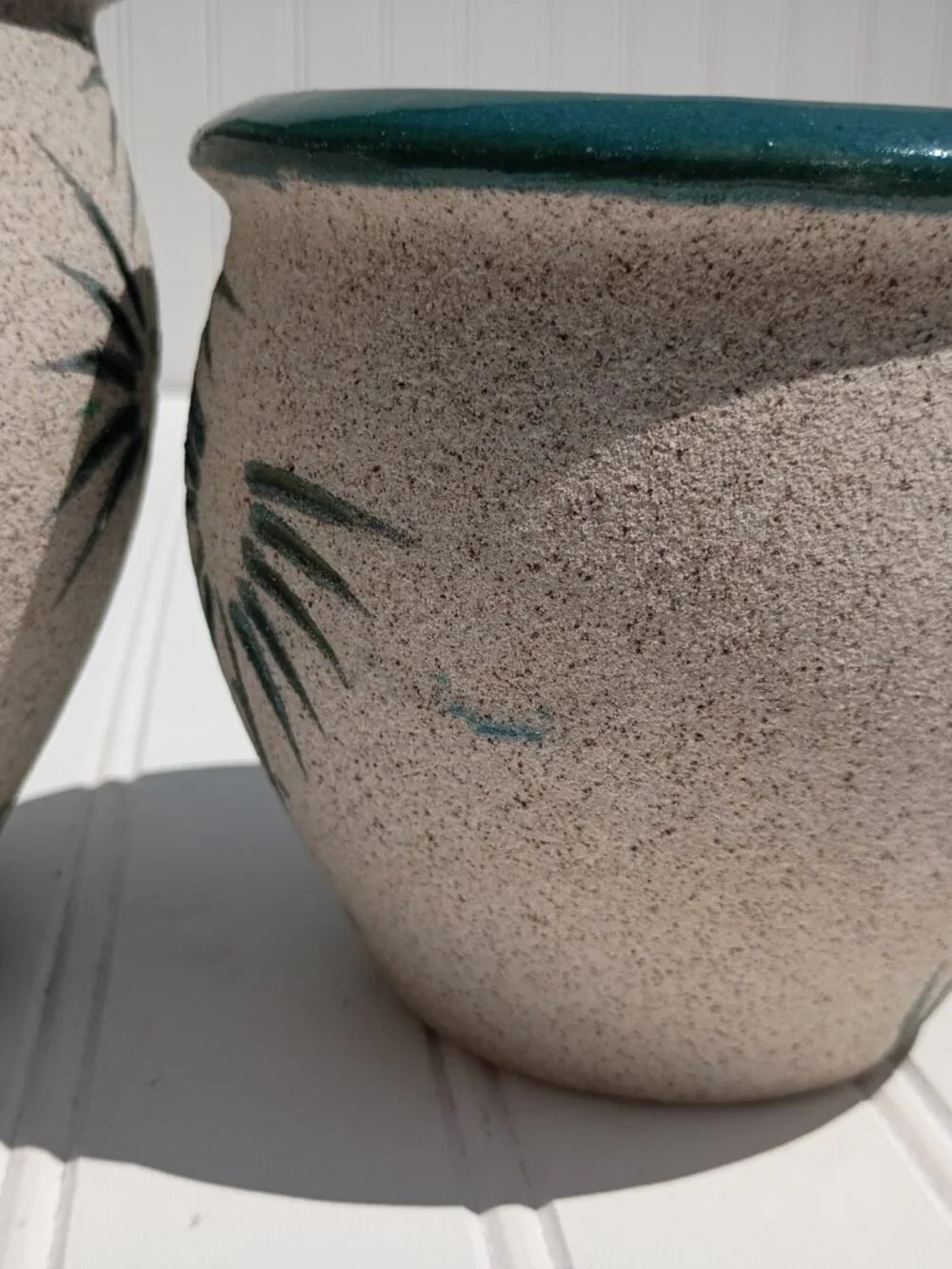 Vintage Pair of Pottery Planters Palm Tree Sandstone Glazed Ceramic Flower Pots